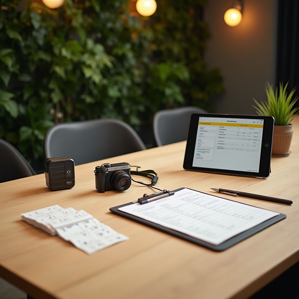 Strumenti di catalogazione professionale: tablet, fotocamera e moduli cartacei su scrivania